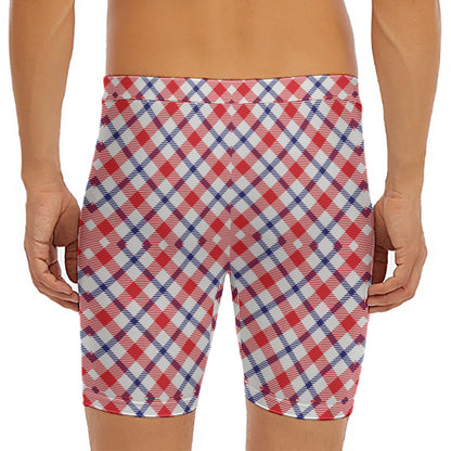Blue Red And White American Plaid Print Men's Long Boxer Briefs