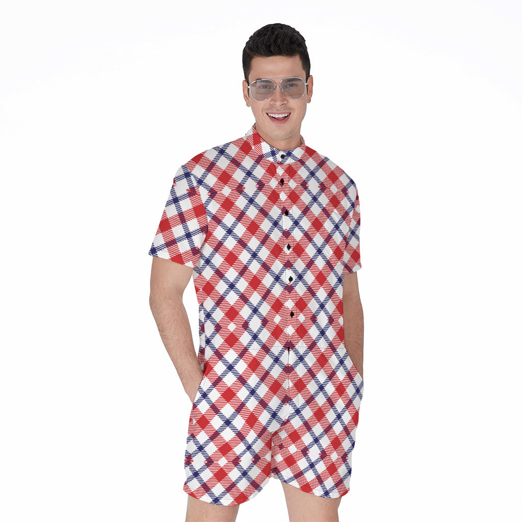 Blue Red And White American Plaid Print Men's Rompers