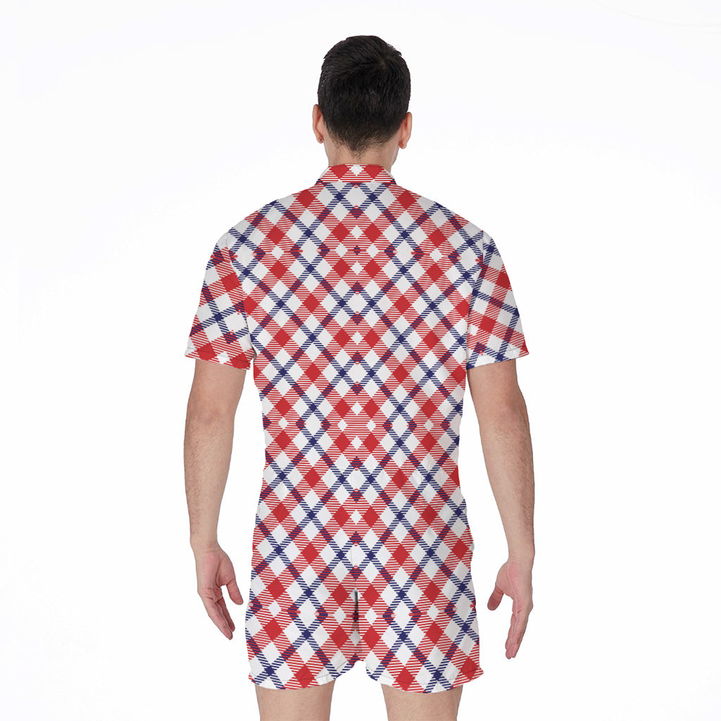 Blue Red And White American Plaid Print Men's Rompers