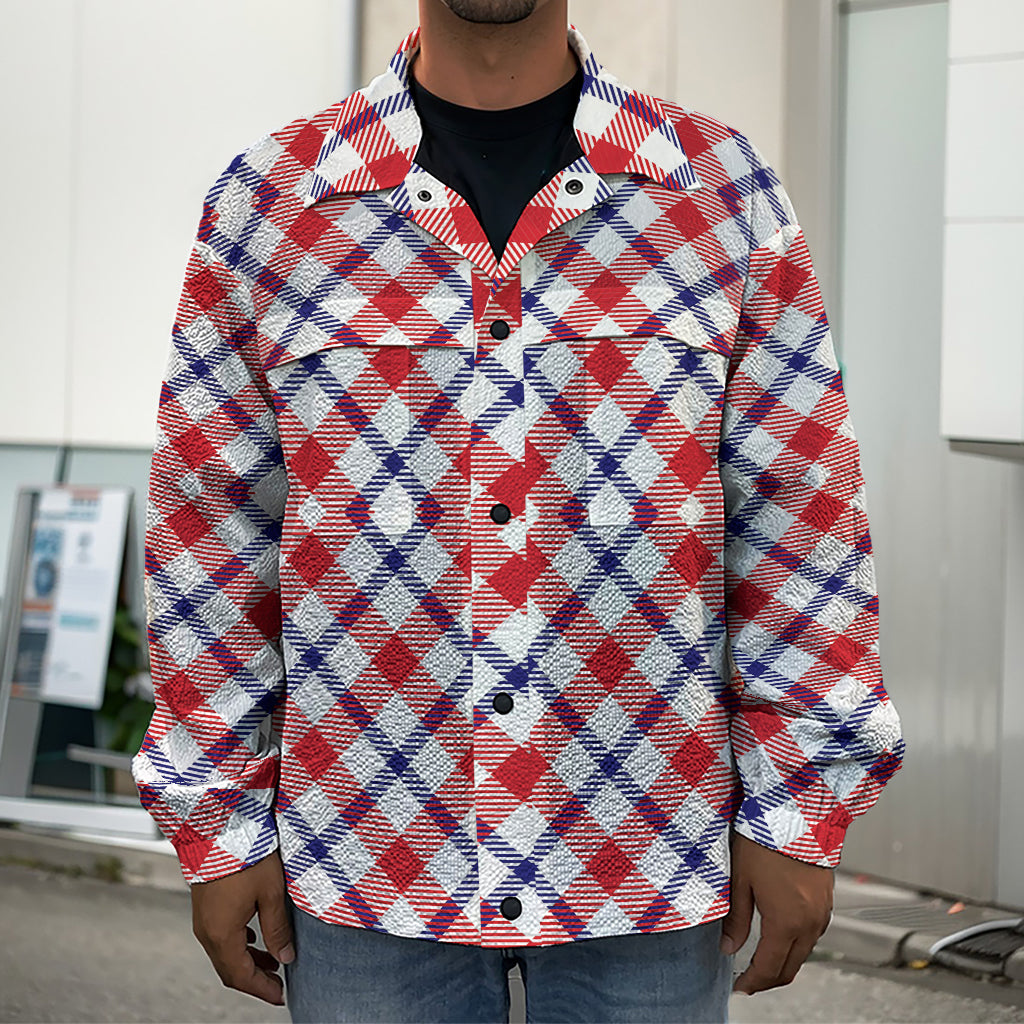 Blue Red And White American Plaid Print Men's Shirt Jacket