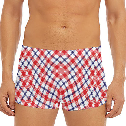 Blue Red And White American Plaid Print Men's Short Boxer Briefs