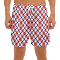 Blue Red And White American Plaid Print Men's Split Running Shorts