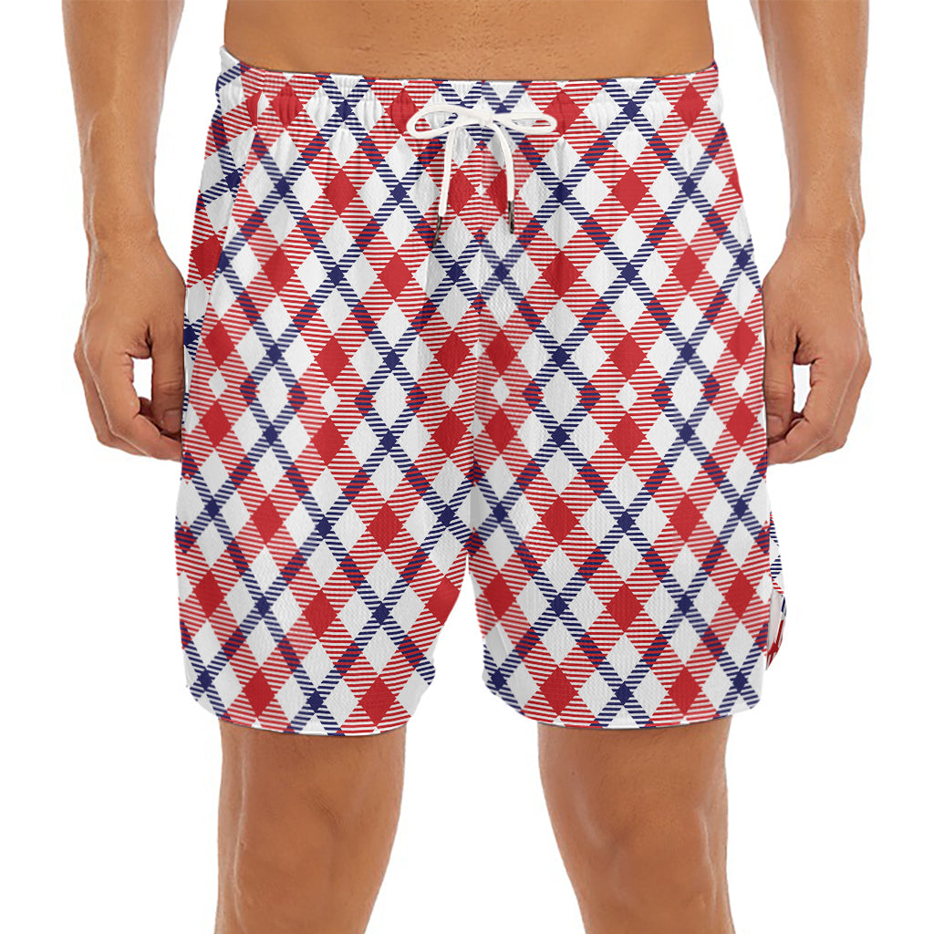 Blue Red And White American Plaid Print Men's Split Running Shorts