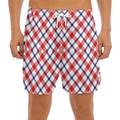 Blue Red And White American Plaid Print Men's Split Running Shorts