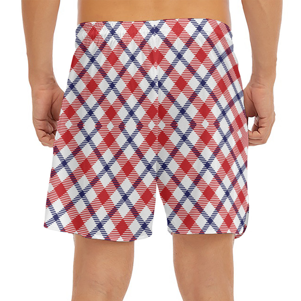 Blue Red And White American Plaid Print Men's Split Running Shorts