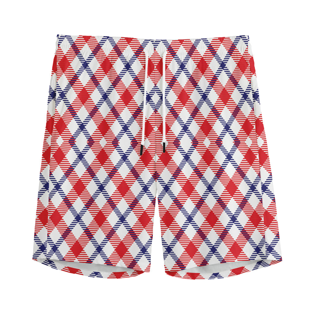 Blue Red And White American Plaid Print Men's Sports Shorts