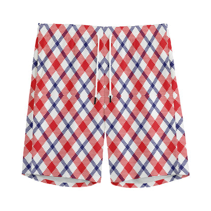 Blue Red And White American Plaid Print Men's Sports Shorts