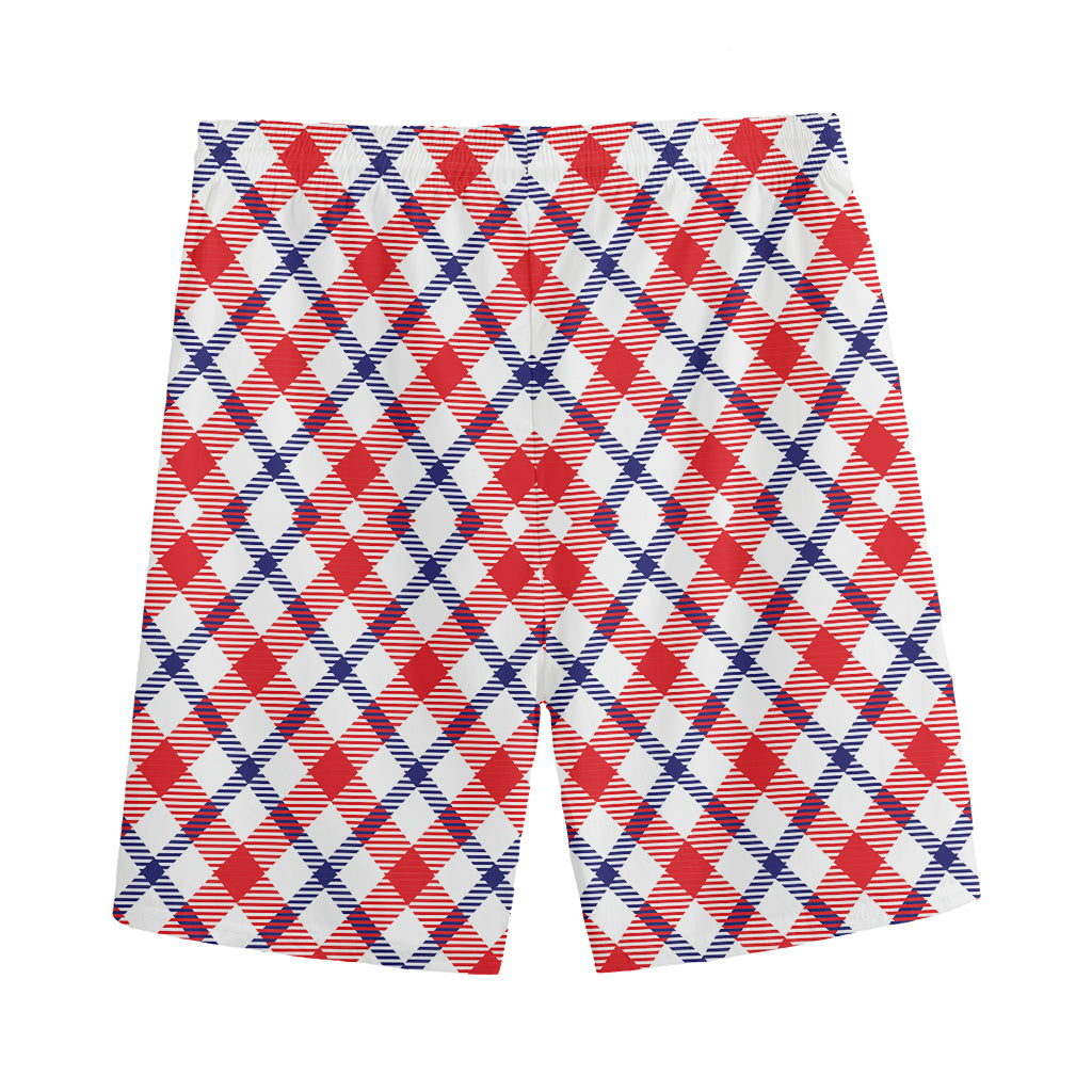Blue Red And White American Plaid Print Men's Sports Shorts