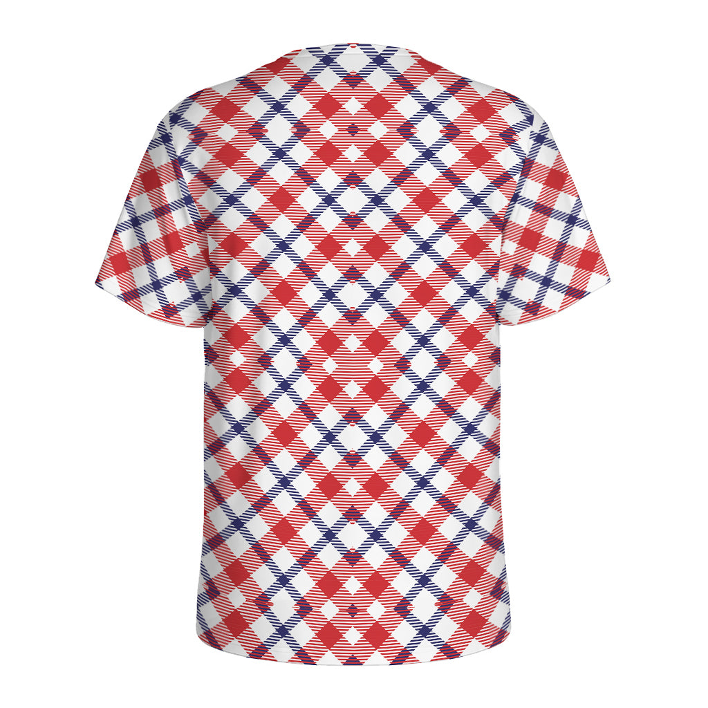 Blue Red And White American Plaid Print Men's Sports T-Shirt