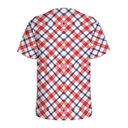 Blue Red And White American Plaid Print Men's Sports T-Shirt