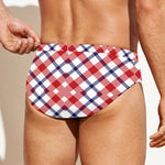 Blue Red And White American Plaid Print Men's Swim Briefs