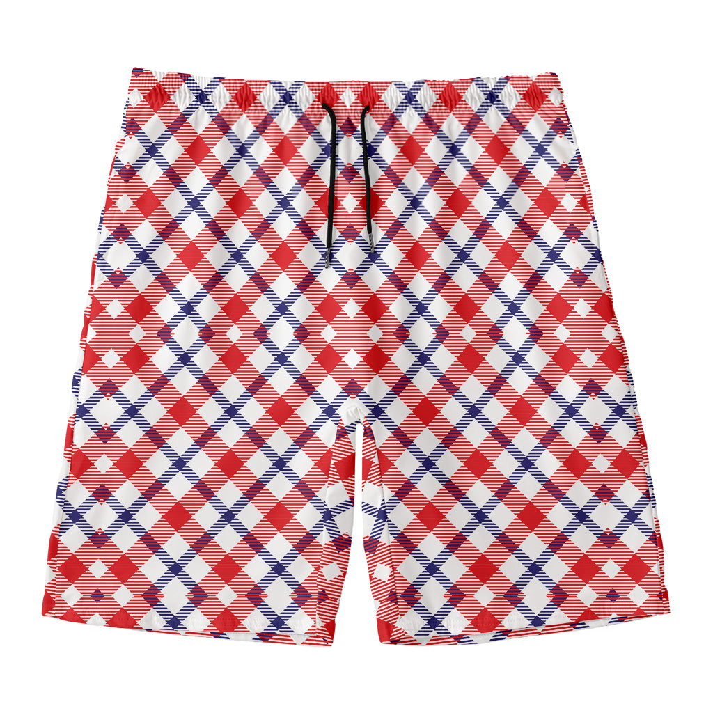 Blue Red And White American Plaid Print Men's Swim Trunks
