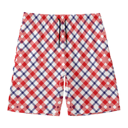 Blue Red And White American Plaid Print Men's Swim Trunks