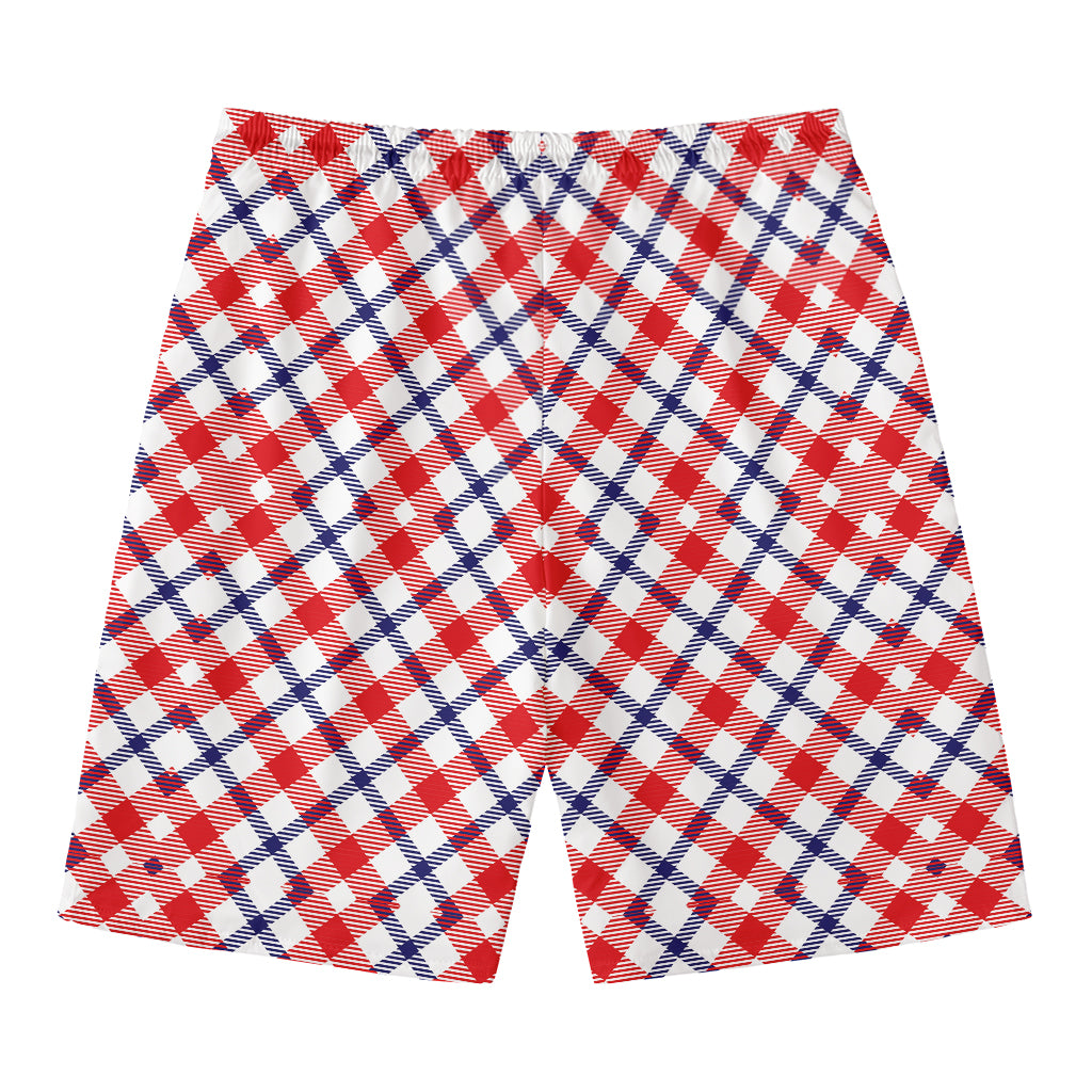 Blue Red And White American Plaid Print Men's Swim Trunks