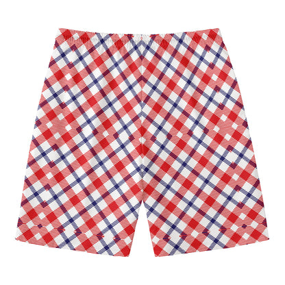Blue Red And White American Plaid Print Men's Swim Trunks