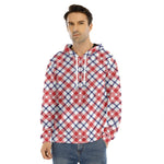 Blue Red And White American Plaid Print Men's Velvet Pullover Hoodie