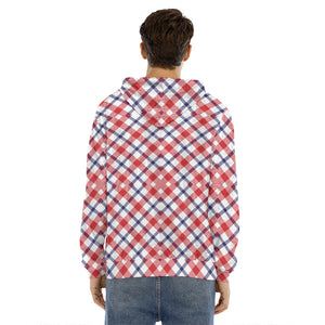 Blue Red And White American Plaid Print Men's Velvet Pullover Hoodie