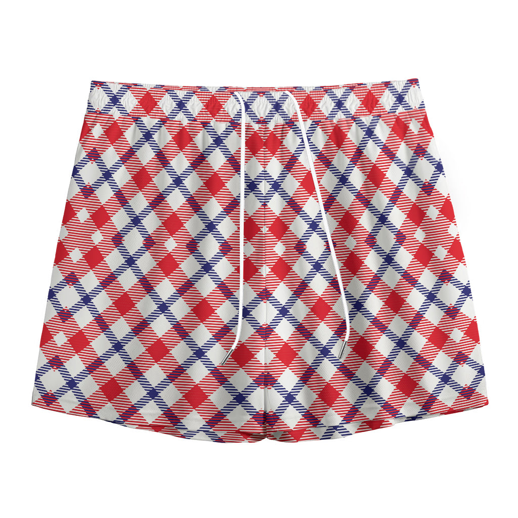 Blue Red And White American Plaid Print Mesh Shorts