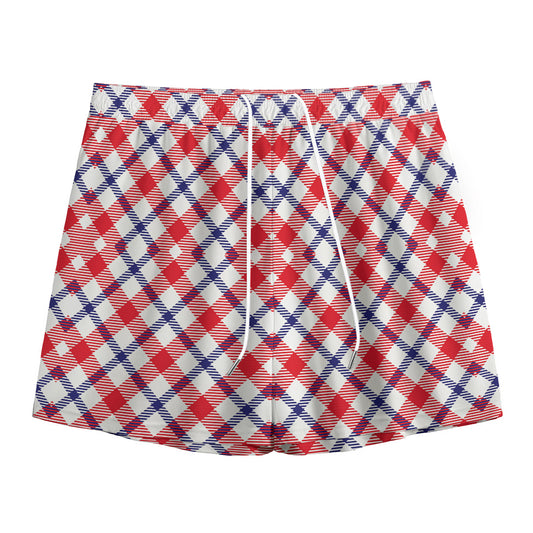 Blue Red And White American Plaid Print Mesh Shorts