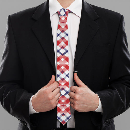 Blue Red And White American Plaid Print Necktie