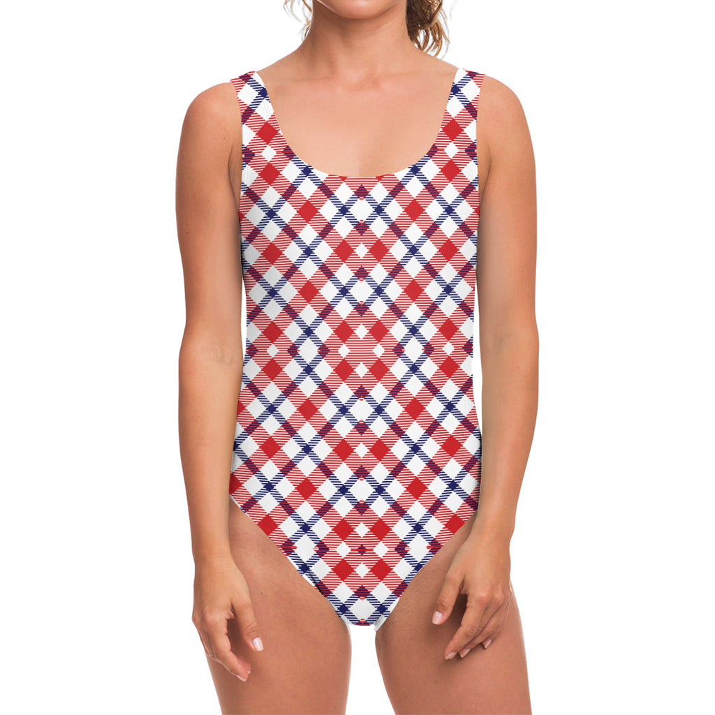 Blue Red And White American Plaid Print One Piece Swimsuit