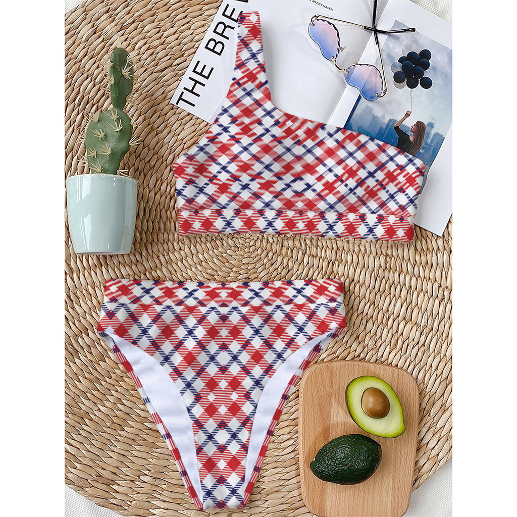Blue Red And White American Plaid Print One Shoulder Bikini Top