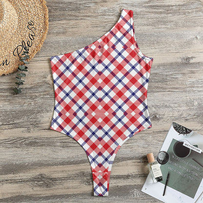Blue Red And White American Plaid Print One Shoulder Bodysuit