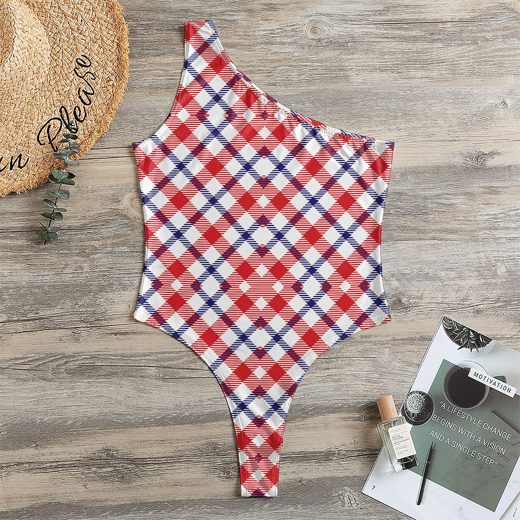 Blue Red And White American Plaid Print One Shoulder Bodysuit