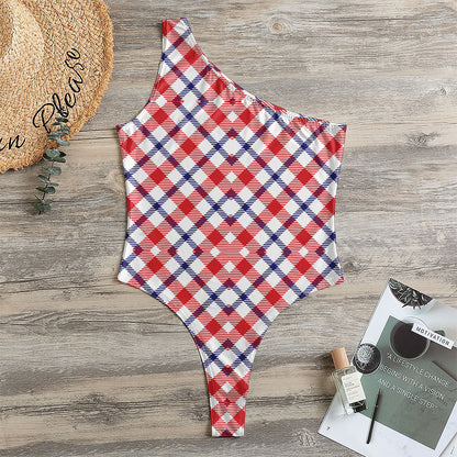 Blue Red And White American Plaid Print One Shoulder Bodysuit