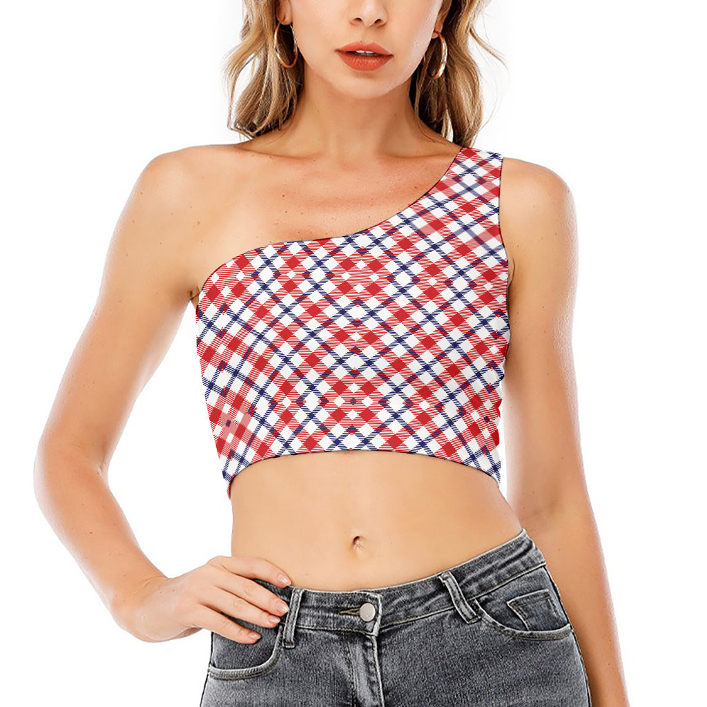 Blue Red And White American Plaid Print One Shoulder Crop Top