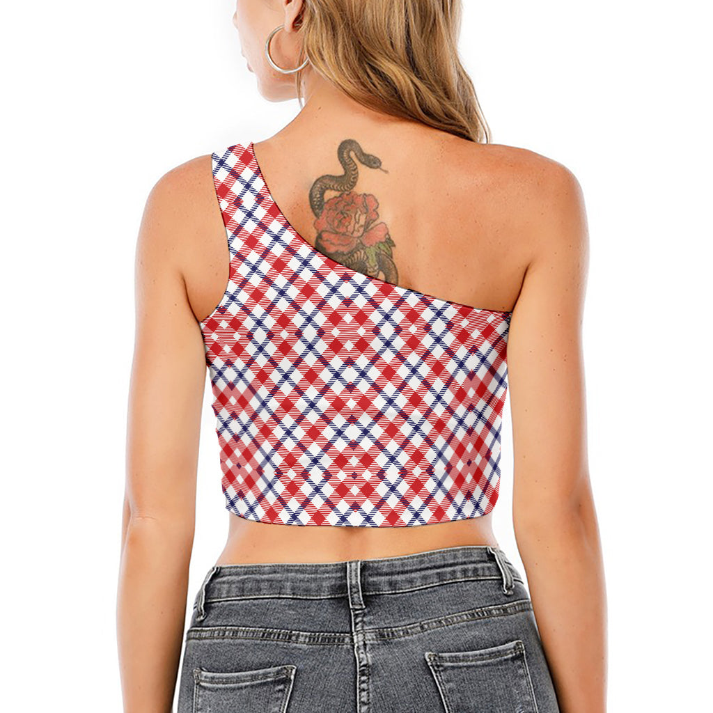 Blue Red And White American Plaid Print One Shoulder Crop Top