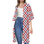 Blue Red And White American Plaid Print Open Front Beach Cover Up