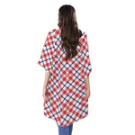 Blue Red And White American Plaid Print Open Front Beach Cover Up