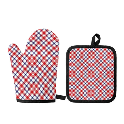 Blue Red And White American Plaid Print Oven Mitt And Pot Holder Set