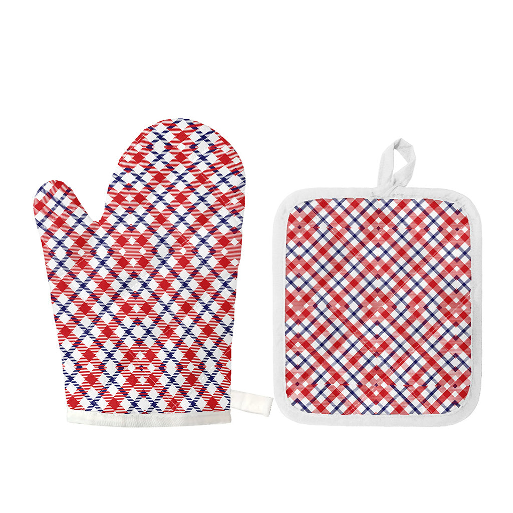 Blue Red And White American Plaid Print Oven Mitt And Pot Holder Set