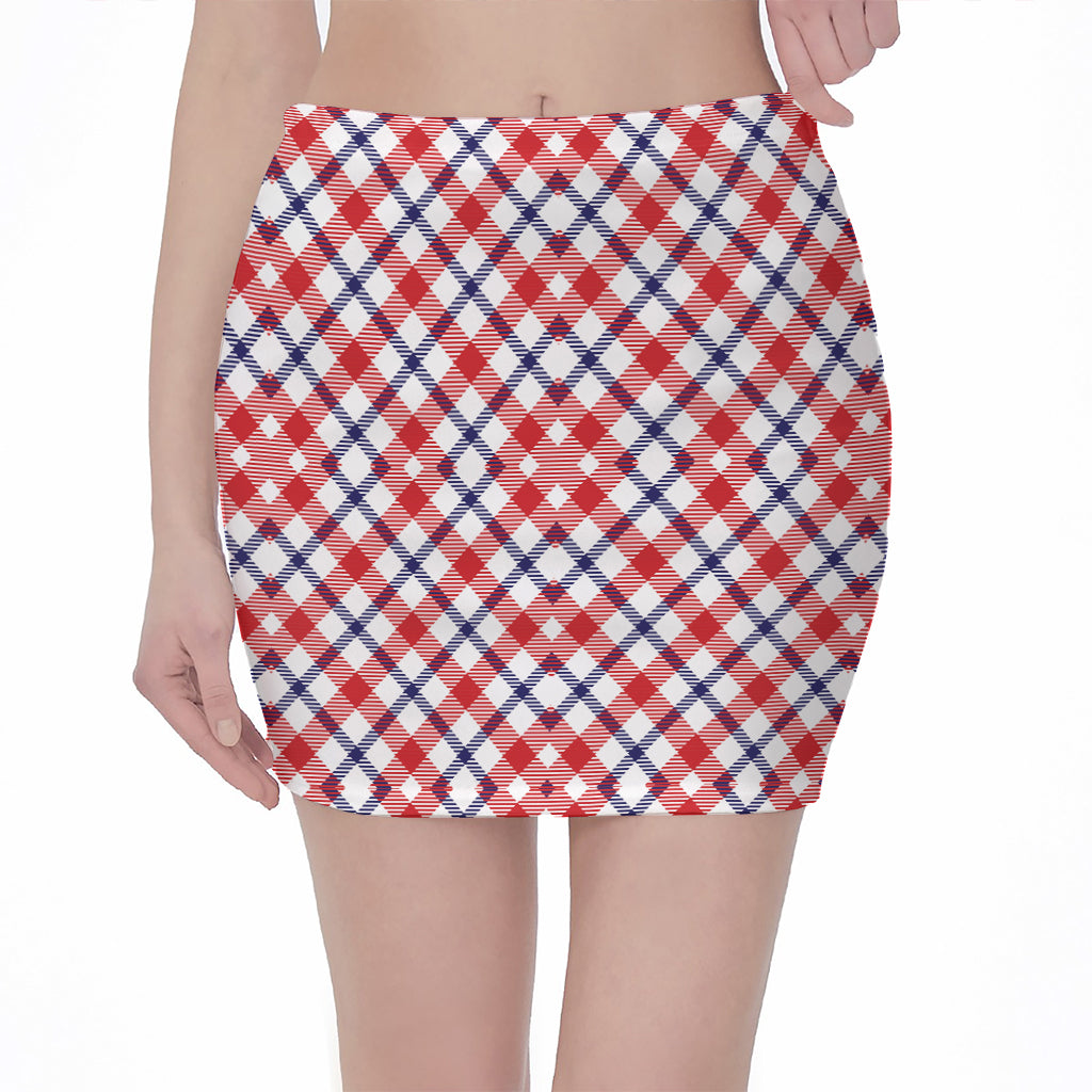 Blue Red And White American Plaid Print Pencil Mini Skirt