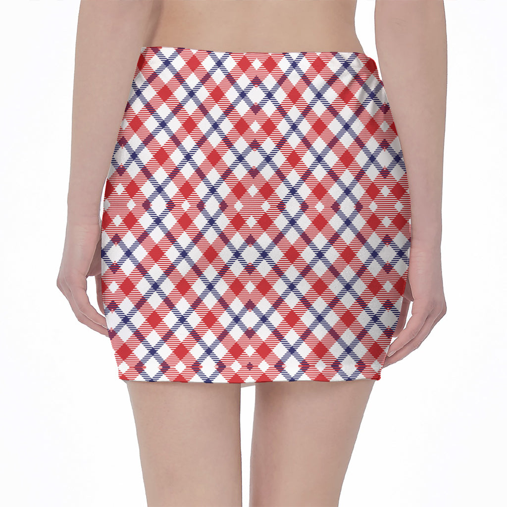 Blue Red And White American Plaid Print Pencil Mini Skirt