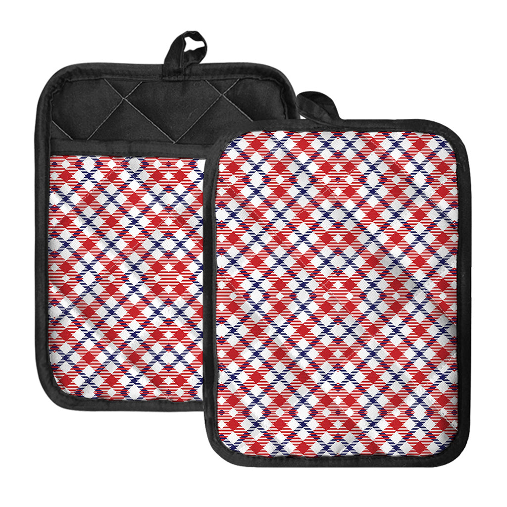 Blue Red And White American Plaid Print Pot Holders With Pocket
