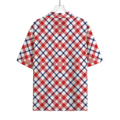 Blue Red And White American Plaid Print Rayon Hawaiian Shirt