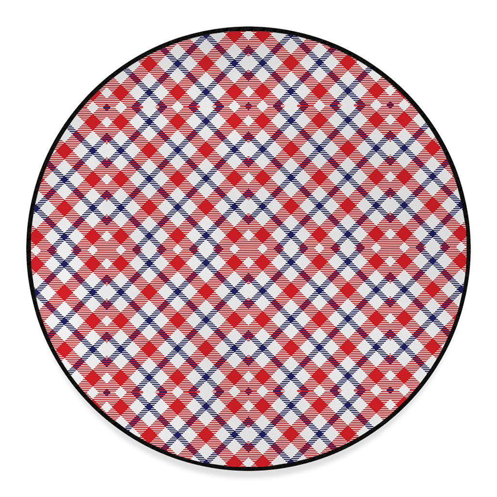 Blue Red And White American Plaid Print Round Floor Mat