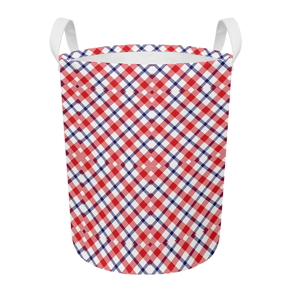 Blue Red And White American Plaid Print Round Laundry Basket