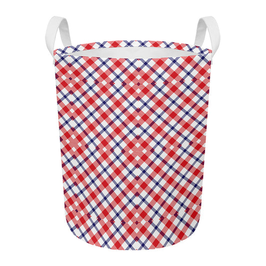 Blue Red And White American Plaid Print Round Laundry Basket