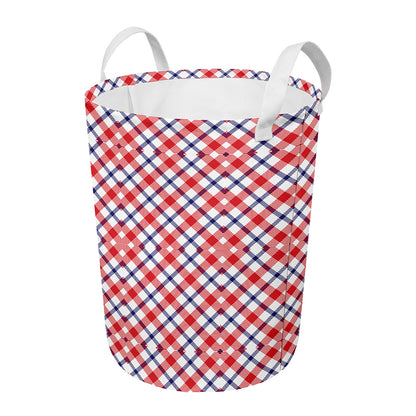 Blue Red And White American Plaid Print Round Laundry Basket