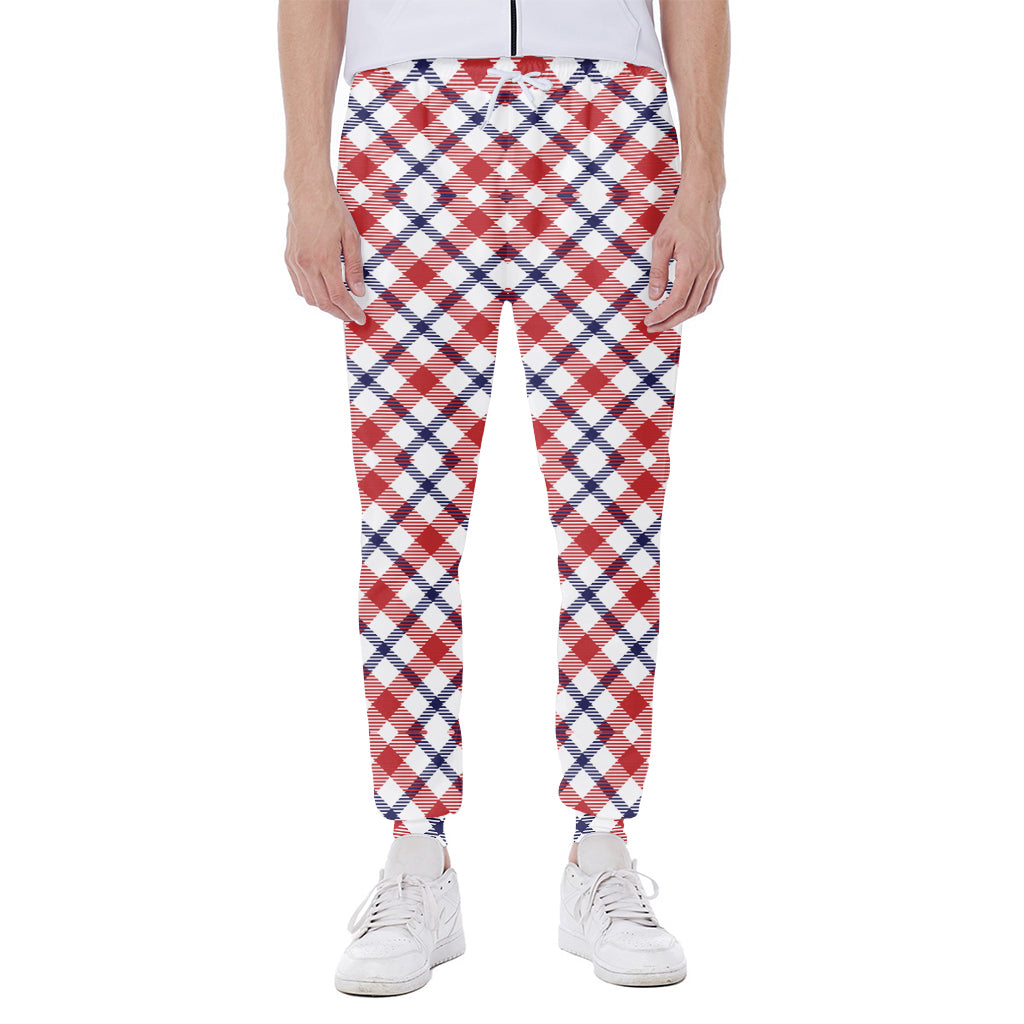 Blue Red And White American Plaid Print Scuba Joggers