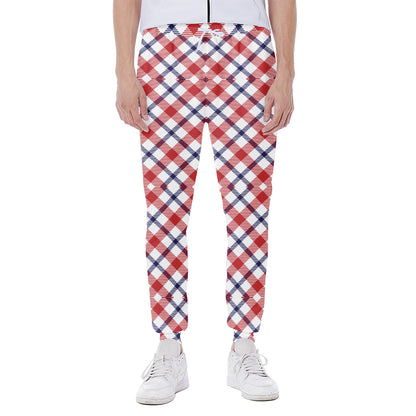 Blue Red And White American Plaid Print Scuba Joggers