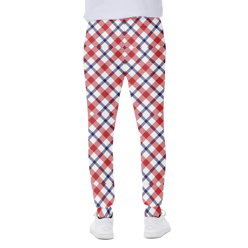 Blue Red And White American Plaid Print Scuba Joggers