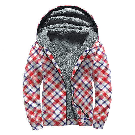 Blue Red And White American Plaid Print Sherpa Lined Zip Up Hoodie