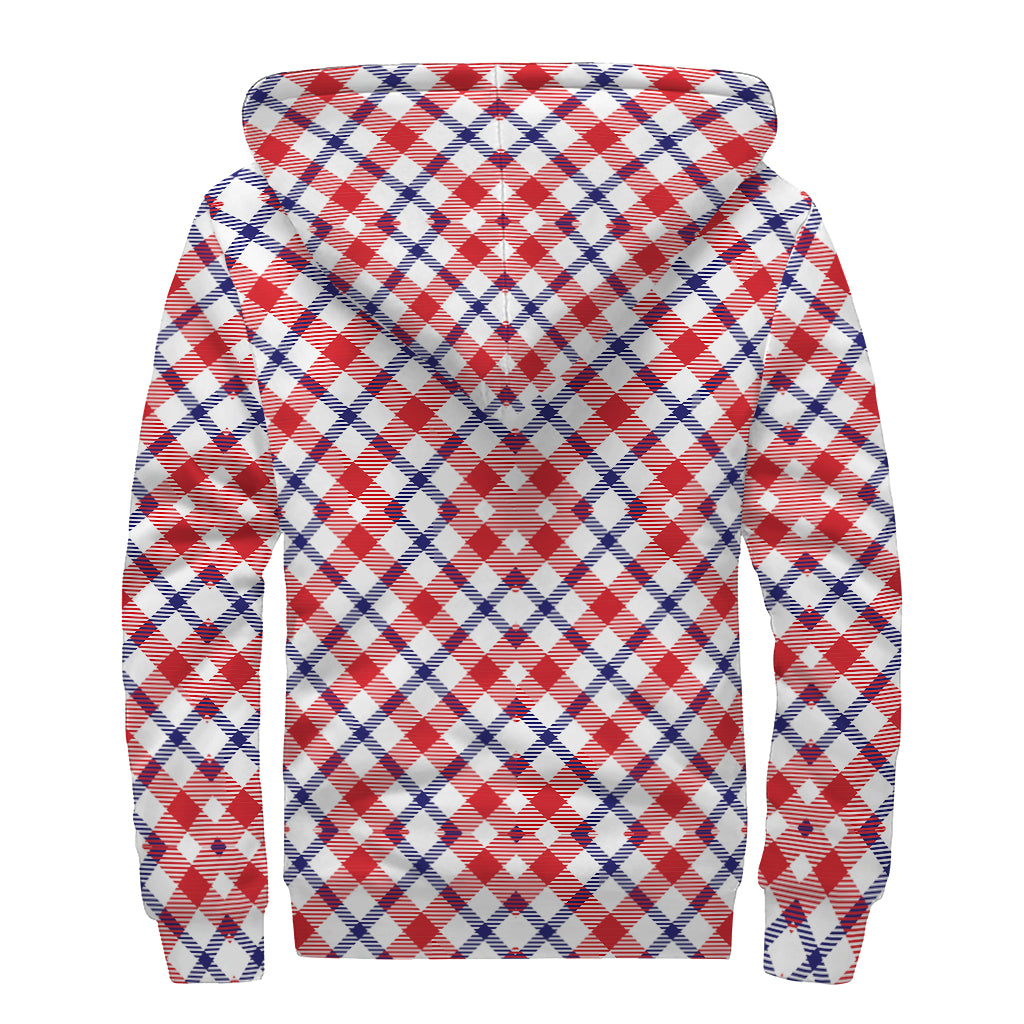 Blue Red And White American Plaid Print Sherpa Lined Zip Up Hoodie