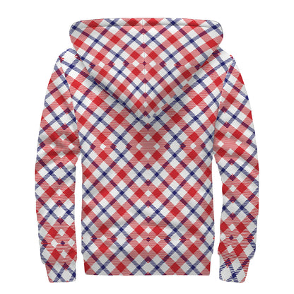 Blue Red And White American Plaid Print Sherpa Lined Zip Up Hoodie