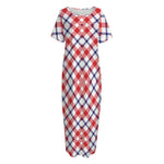 Blue Red And White American Plaid Print Short Sleeve Long Nightdress